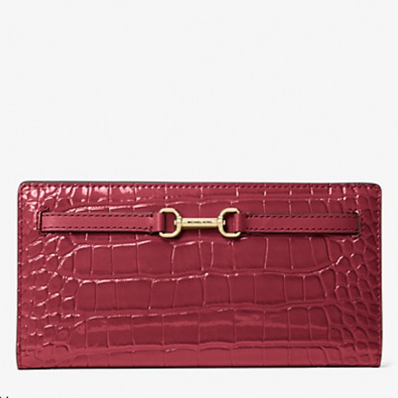Michael Kors Handbags - MICHAEL KORS Carson Large Snap Crocodile Embossed Bifold Wallet
Cherry 
NWT
